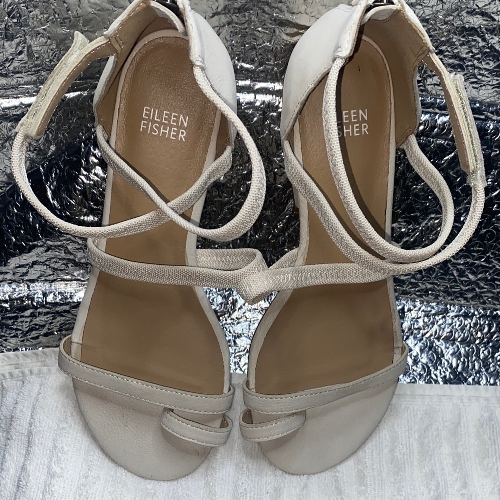 Eileen Fisher Cream Leather Strappy Wrap Sandals